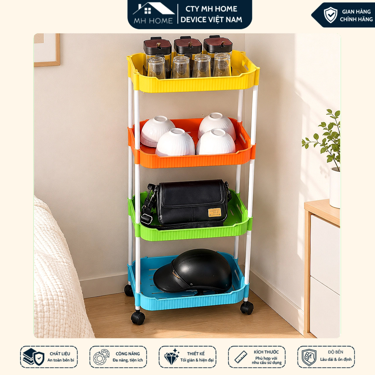 Kệ Đa Sắc Để Đồ 4 Tầng Đa Năng Có Bánh Xe Xoay 360° Nhiều Màu Bắt Mắt, Kệ Đựng Gia Vị Nhà Bếp, Kệ Để Đồ Nhà Tắm Thoát